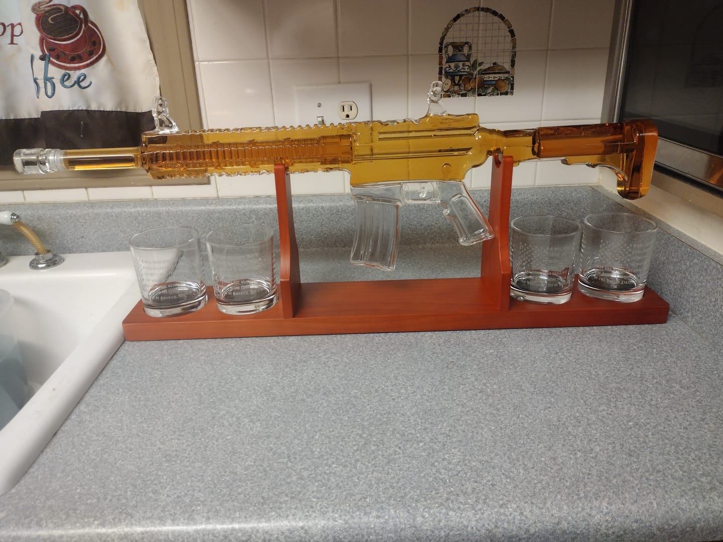 Customer photo review of AR-15 Glass Decanter with 2nd Amendment Whiskey Glasses