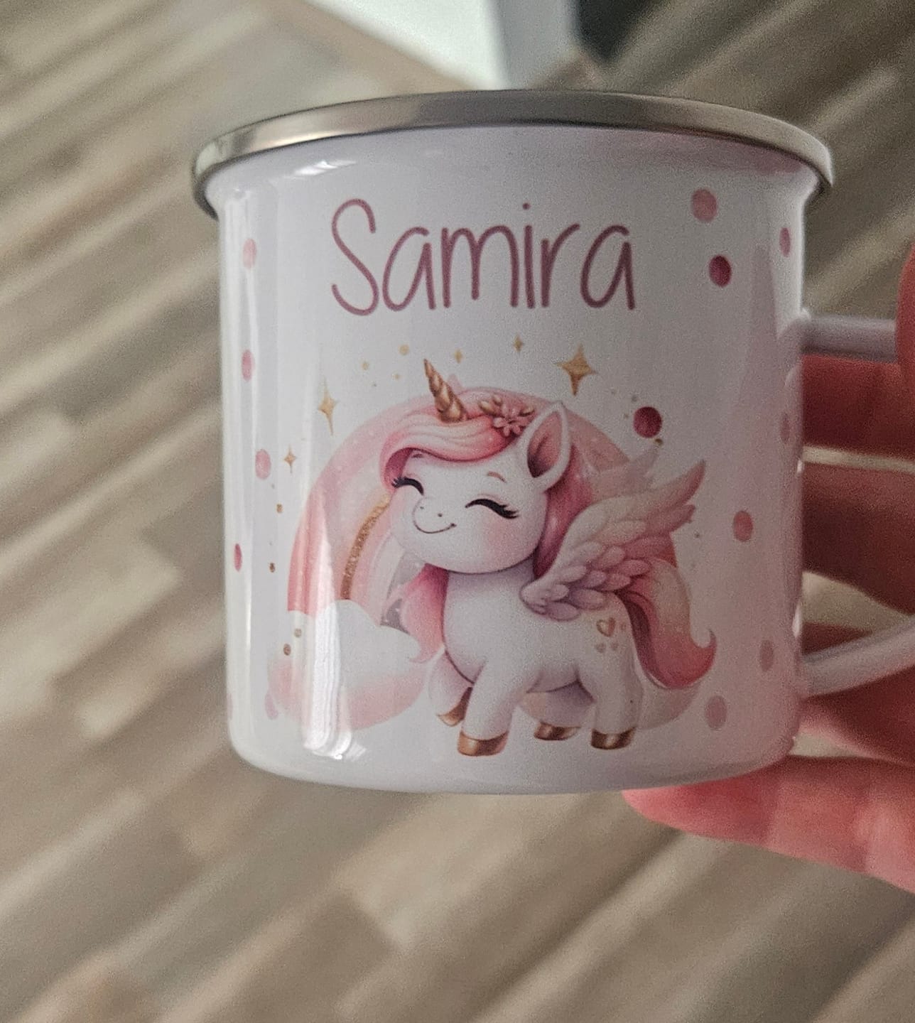 Customer photo review of Emaille Tasse personalisiert - Einhorn und Sterne