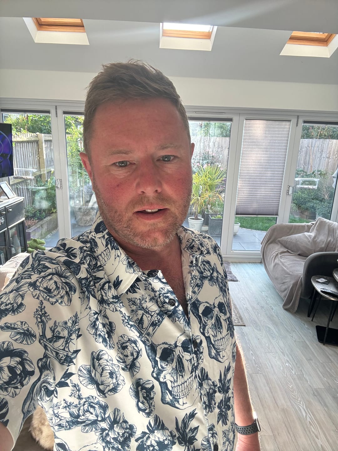 Customer photo review of Men's Punk Rock Crown Floral Skull Print Short Sleeve Shirt