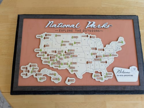 Customer photo review of US Wooden National Parks Travel Map With Trees To Record Park Visits (Palisander)