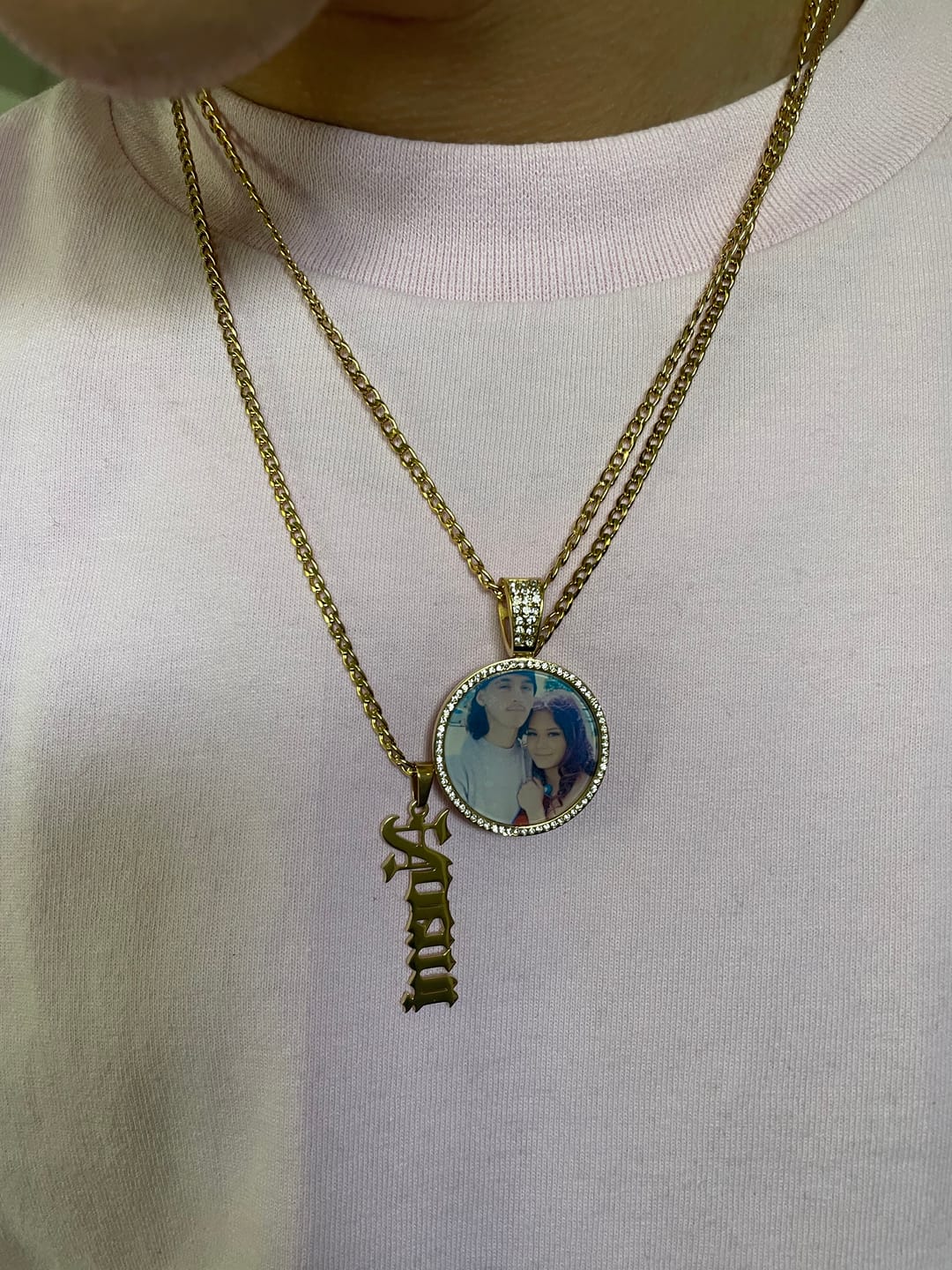 Customer photo review of Vertical Gothic Name Necklace w/ Cuban Chain