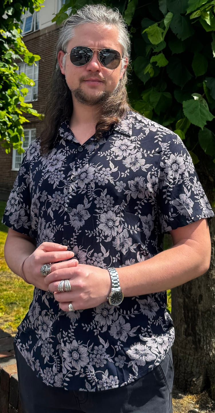 Customer photo review of Men's Floral Print Vintage Flower Holiday Breathable Button Up Navy Blue Hawaiian Short Sleeve Shirt