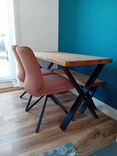 Customer photo review of Industrial Dining Table with X-Frame Leg