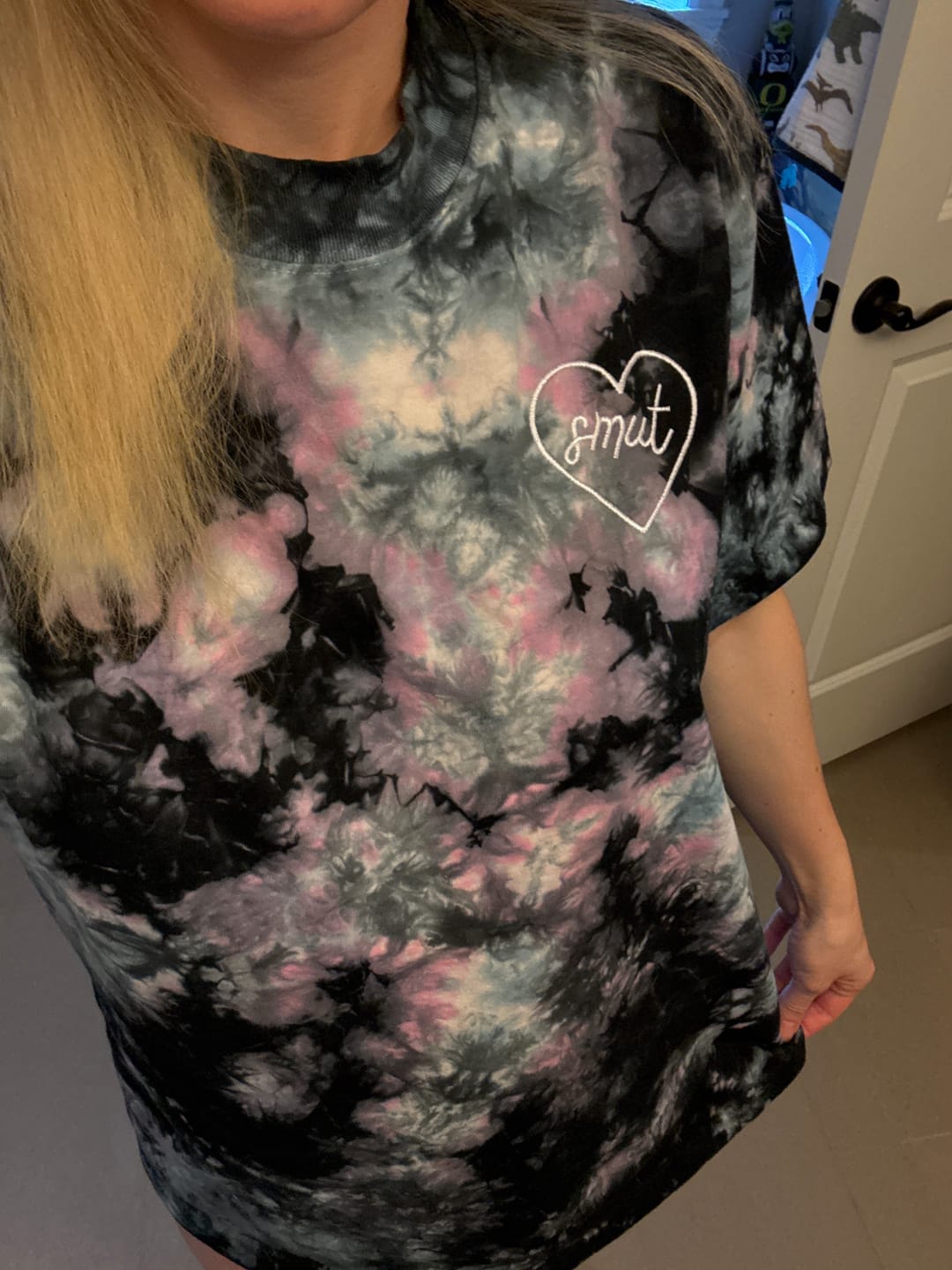 Customer photo review of smut heart embroidered oversized tie-dye t-shirt