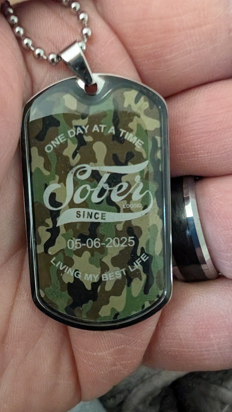 Customer photo review of Camo Sober Since Dog Tag Necklace w/Personalized Date