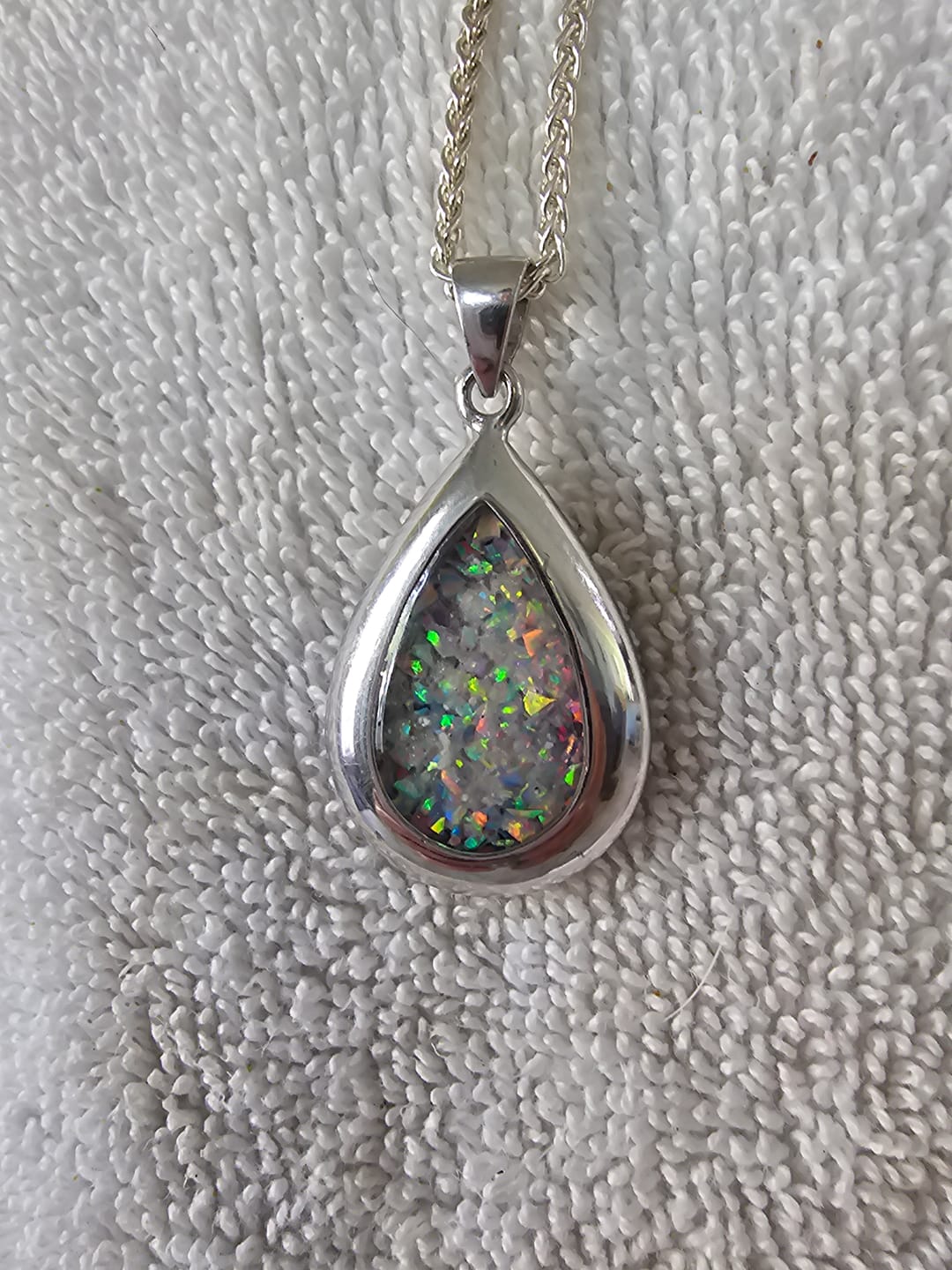 Customer photo review of Pear Drop Opal Cremation Pendant - Engravable
