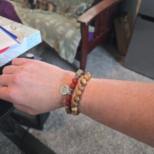Customer photo review of Natural Jasper & Carnelian Mala Bead Bracelets