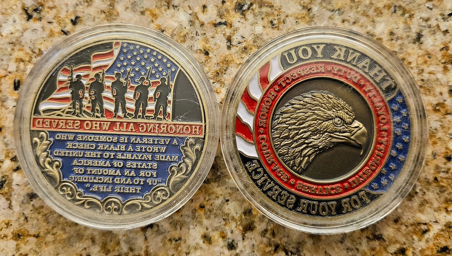 Customer photo review of Honoring All Who Served Thank You Coin