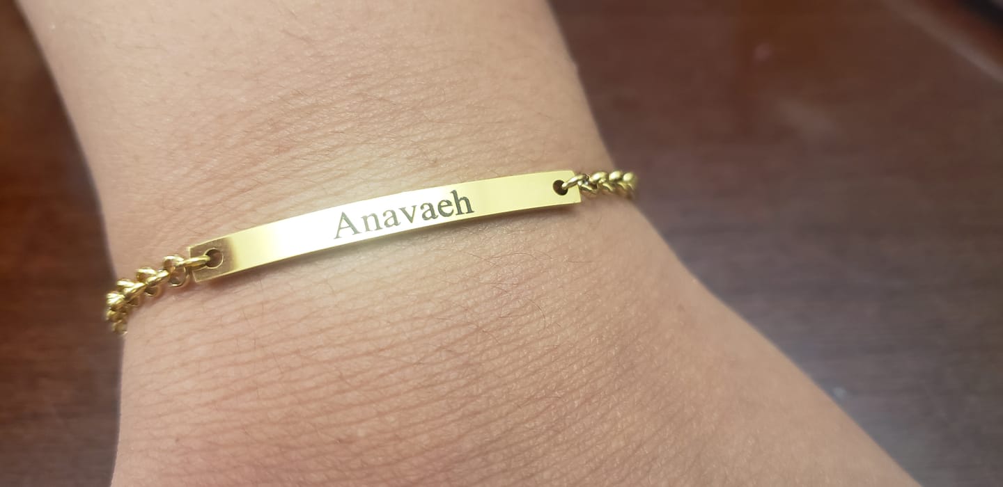 Customer photo review of Engraved Bar Bracelet