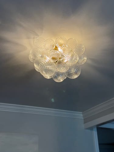 Customer photo review of 3-Light Brass Cluster Ribbed Glass Bubble Semi Flush Chandelier