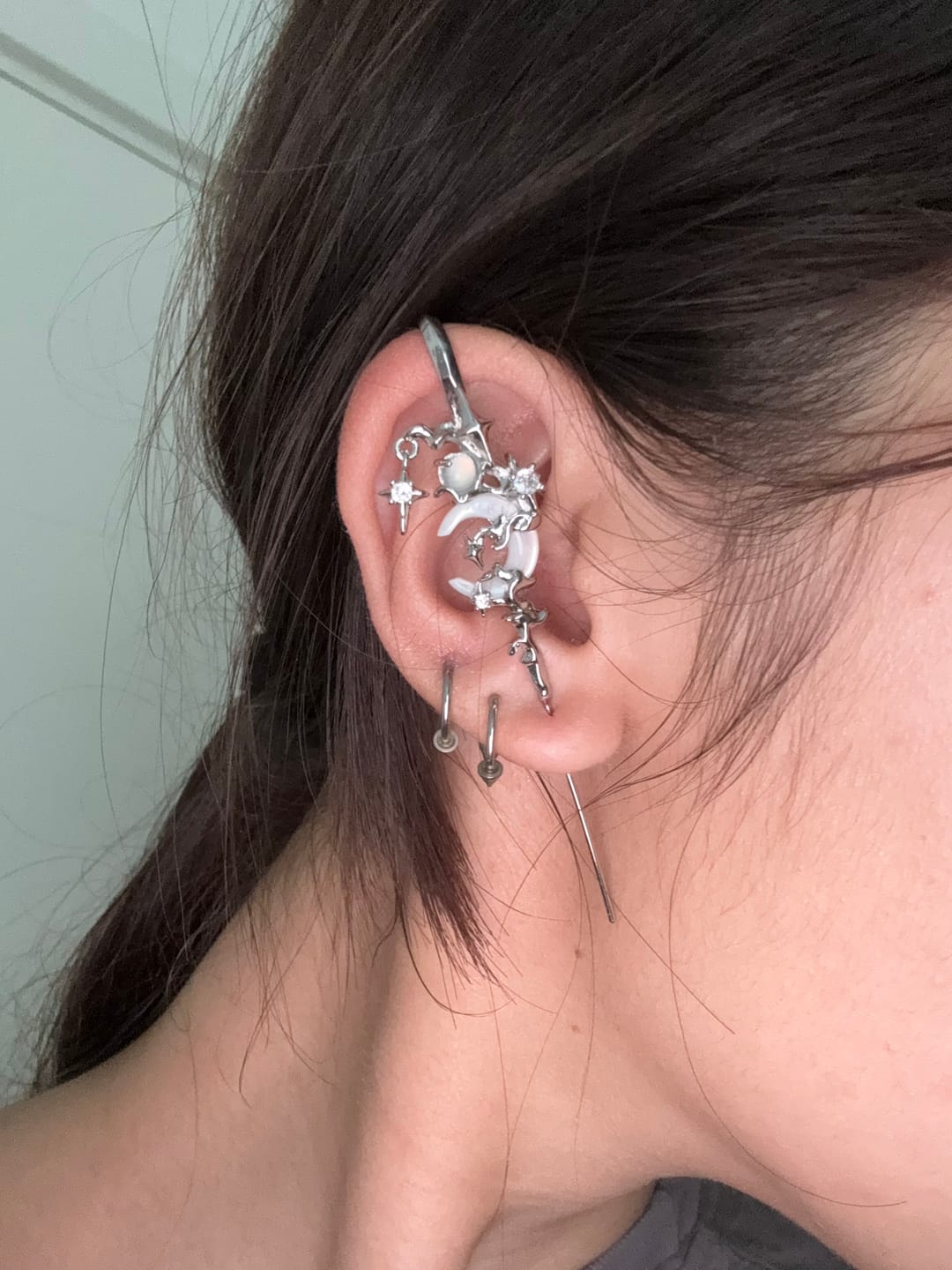 Customer photo review of "MYTH OF THE MOON" 925 Sterling Silver Statement Celestial Moon Dangle Needle Piercing Earring