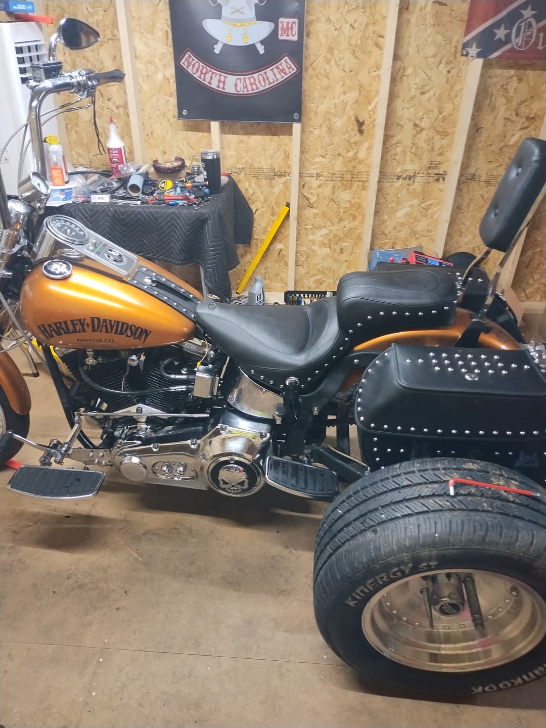 Customer photo review of 35L - Legacy Extra Large Studded Leather Motorcycle Saddlebags for Harley Softail Heritage FLSTC/I
