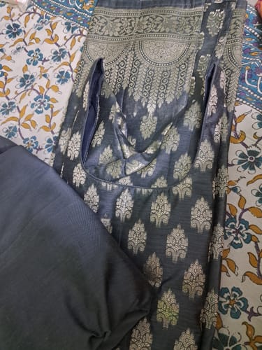 Customer photo review of Grey Party Wear Golden Zari Banarasi Silk Suit