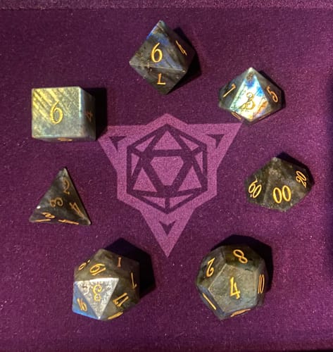 Customer photo review of URWizards D&D Labradorite Gemstone Engraved Dice Set