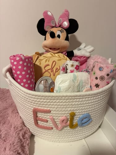 Customer photo review of Baby Knits™  Multicolor Personalized Knitted Basket