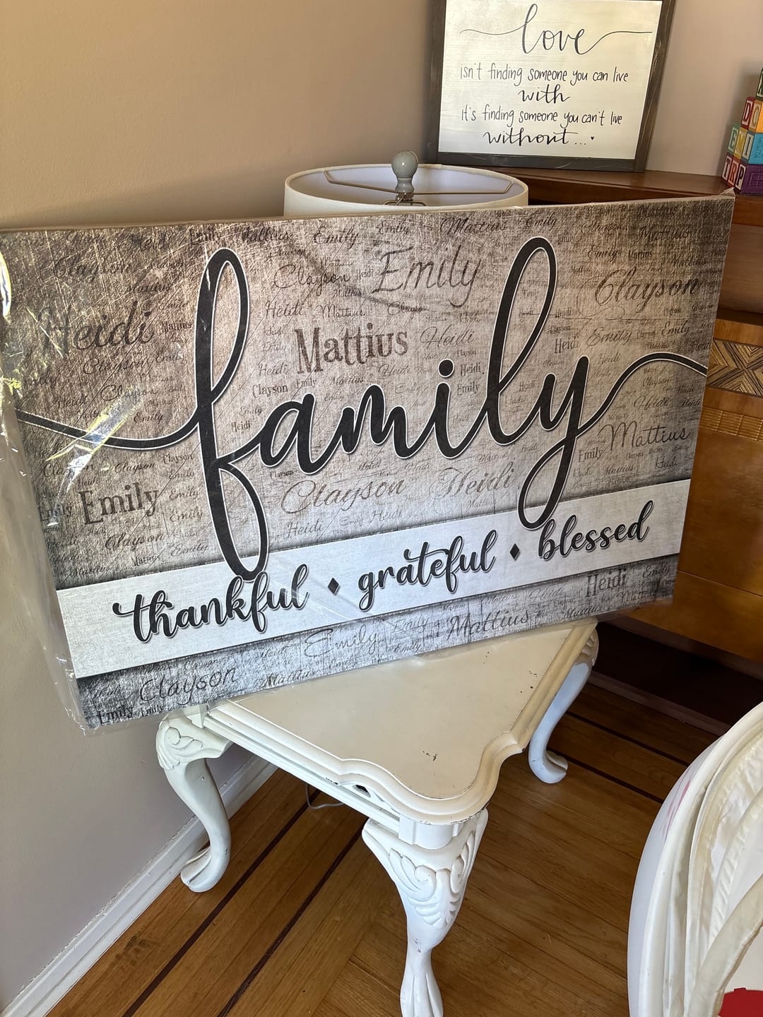 Customer photo review of Personalized "Family - Thankful, Grateful, Blessed" Names On Background Premium Canvas