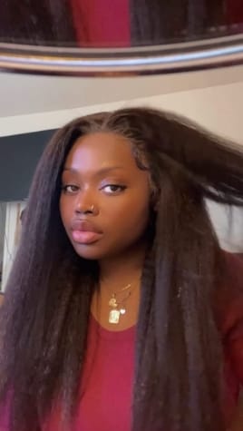 Customer photo review of MORE FACE Pre-bleached Kinky Straight Wear Go Glueless Wig 7x5 Pre-cut HD Lace Pre-plucked