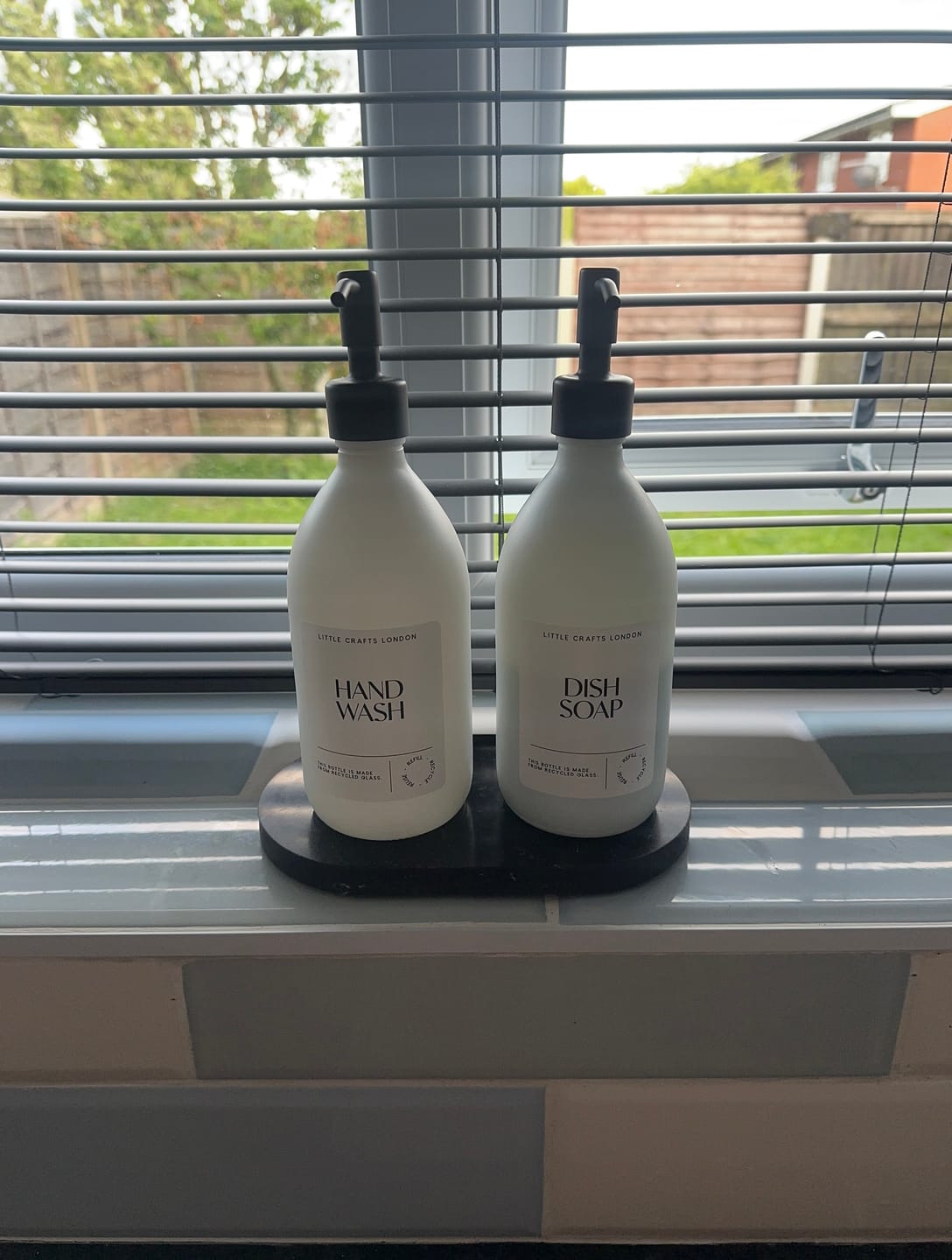 Customer photo review of Set of 2 Milky White Glass Bottle 500 ML with Stainless Steel Pump & Small Tray (White Label)