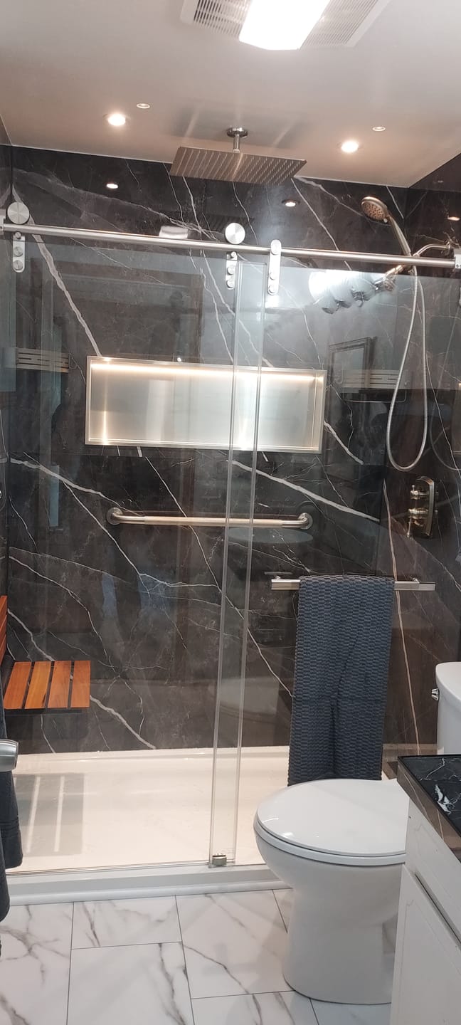 Customer photo review of Black Adamantium Carrara Marble Wall Panel 96" X 48"