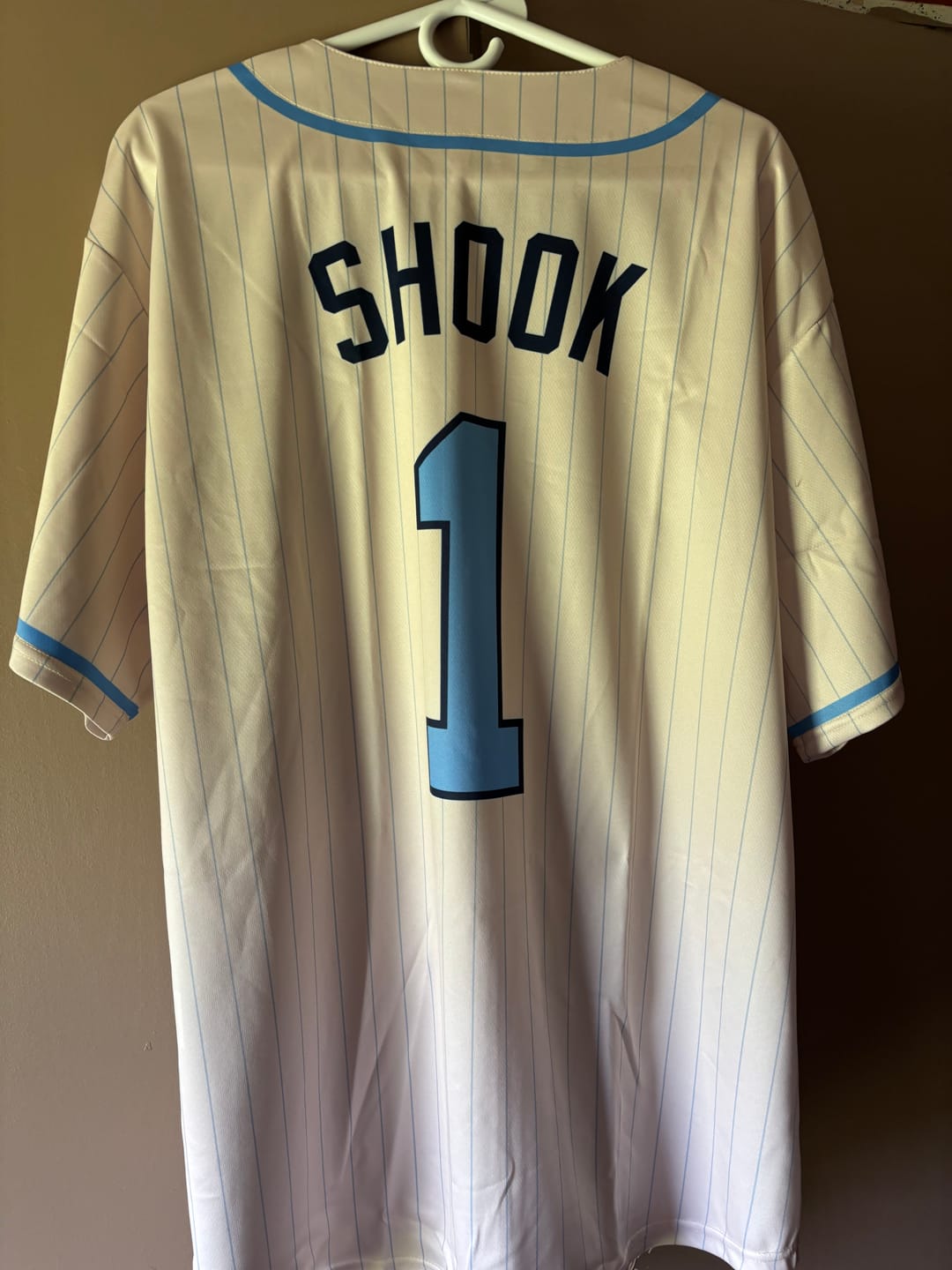 Customer photo review of Custom Cream Light Blue-Light Gray Stripe Fashion Design Full Button Authentic Baseball Jersey