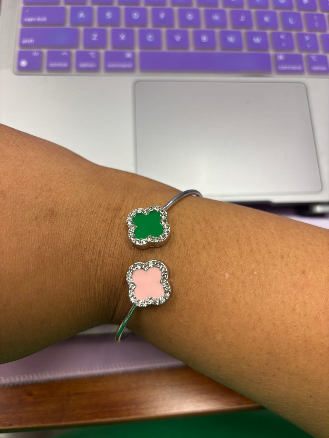 Customer photo review of AKA Sorority Pink Green Stone Clover Open Bangle