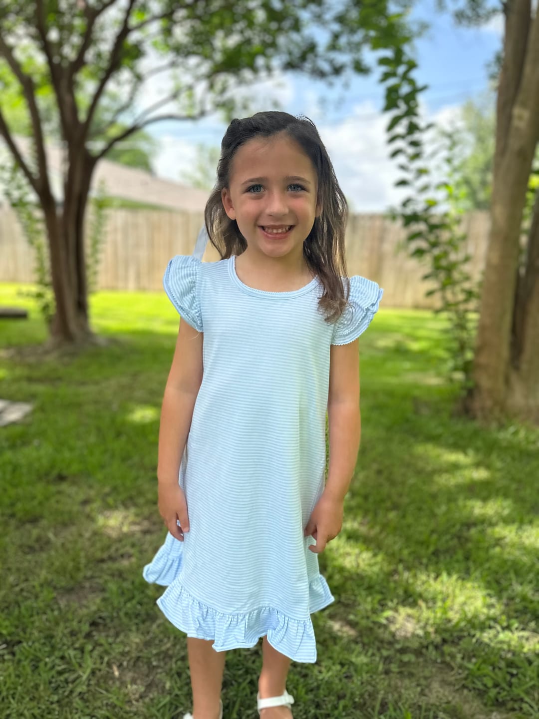 Customer photo review of Milly Stripe Ruffle Dress Blue