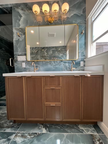 Customer photo review of Cape Breton 60" Mid Century Oak Bathroom Vanity, Double Sink