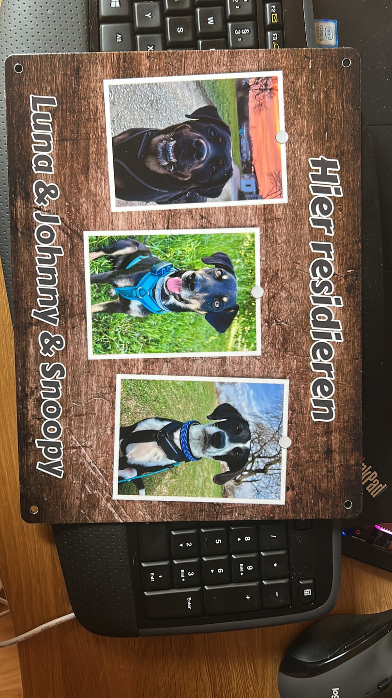 Customer photo review of Hunde-Türschild personalisiert mit Foto & Text (UV- und wetterfest)