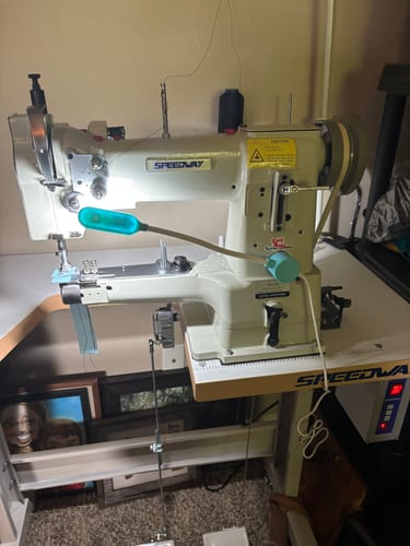 Customer photo review of SPEEDWAY SW-335L Single Needle Cylinder Bed Heavy Duty Unison Feed Walking Foot Sewing Machine Assembled with Servo Motor, Table and Stand Included