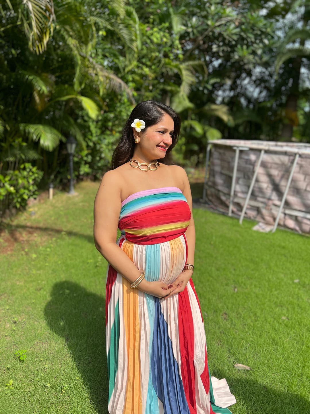 Customer photo review of Mulberry Offshoulder Pleated Maxi Dress