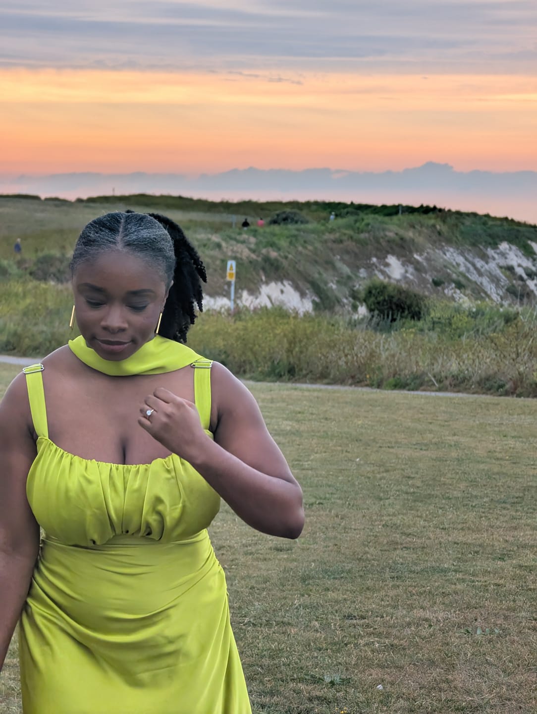 Customer photo review of 'Adrienne' Chartreuse Fuller Bust Satin Midi Dress