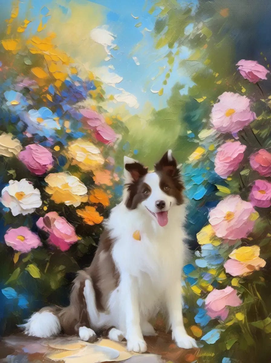 Customer photo review of Monet-style garden oil painting pet portrait