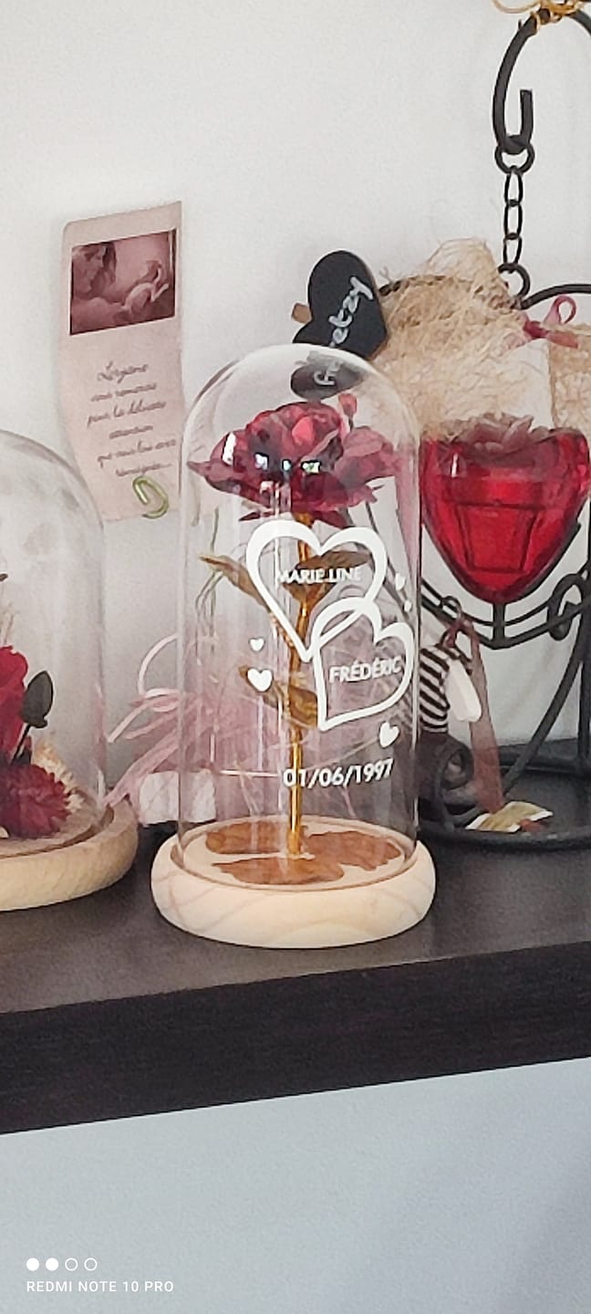 Customer photo review of Je t'aime - Rose éternelle sous cloche en verre avec lumière LED personnalisée avec noms et date anniversaire