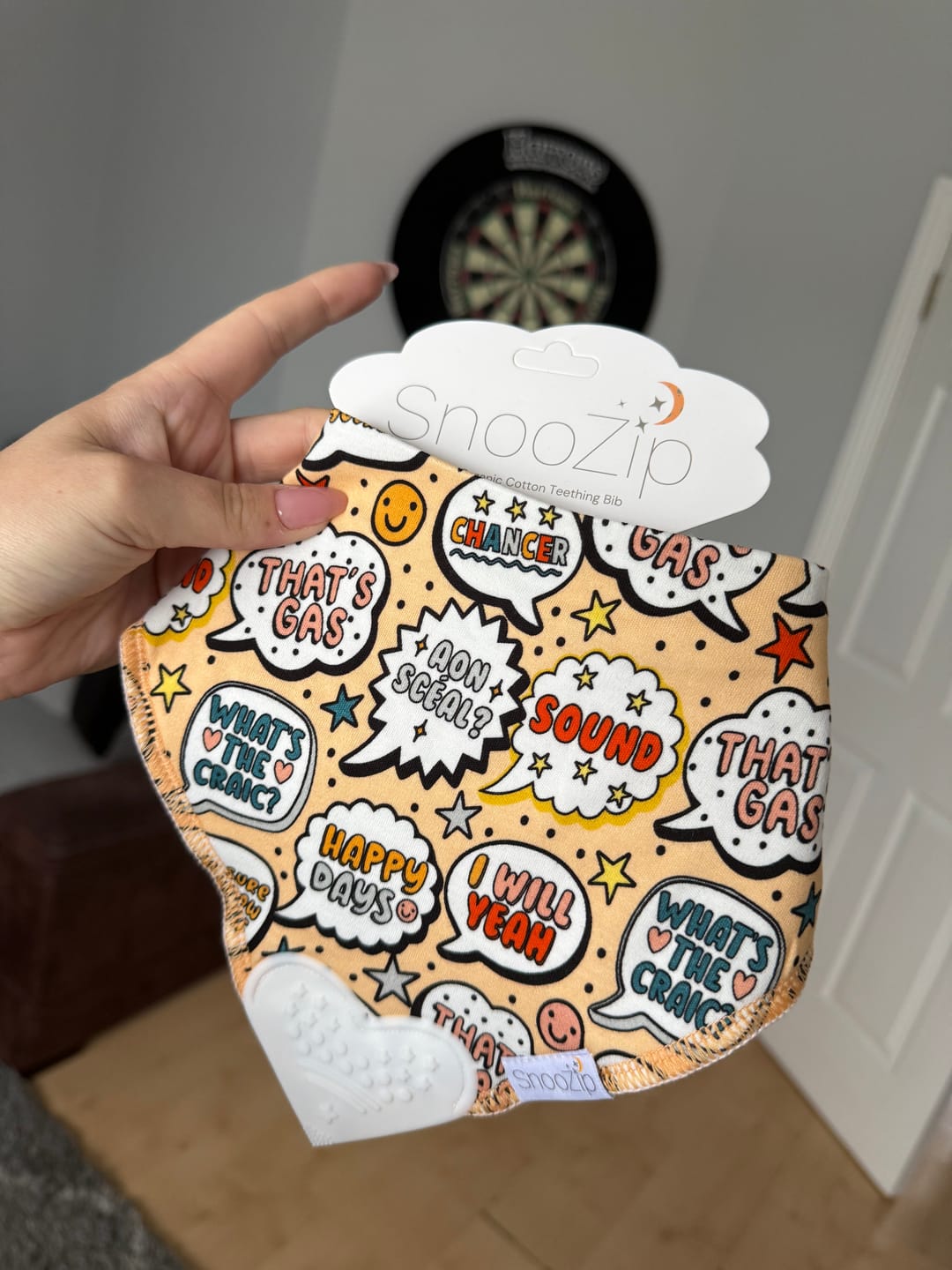 Customer photo review of What's the craic? Teething Bib