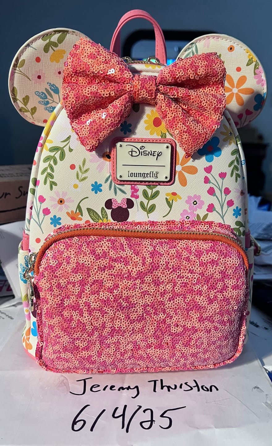Customer photo review of Loungefly Disney Minnie Mouse Springtime Sequins Mini Backpack - 707 Street Exclusive