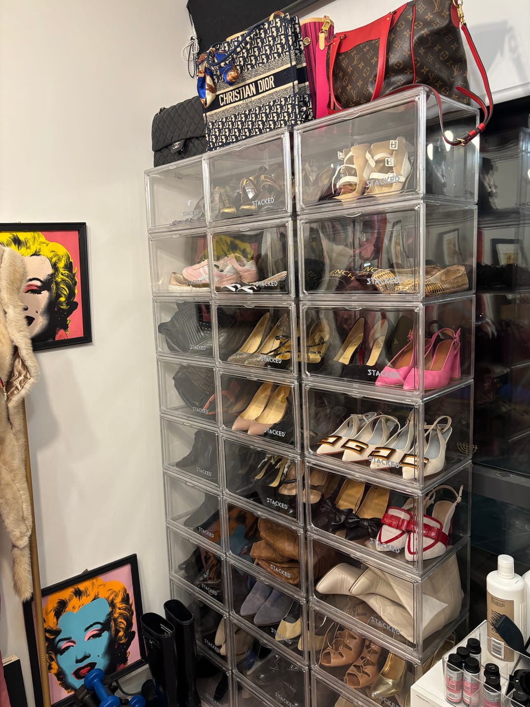 Customer photo review of Stacked Handbag Shoe Storage Clear Display Stackable Organiser Waterproof