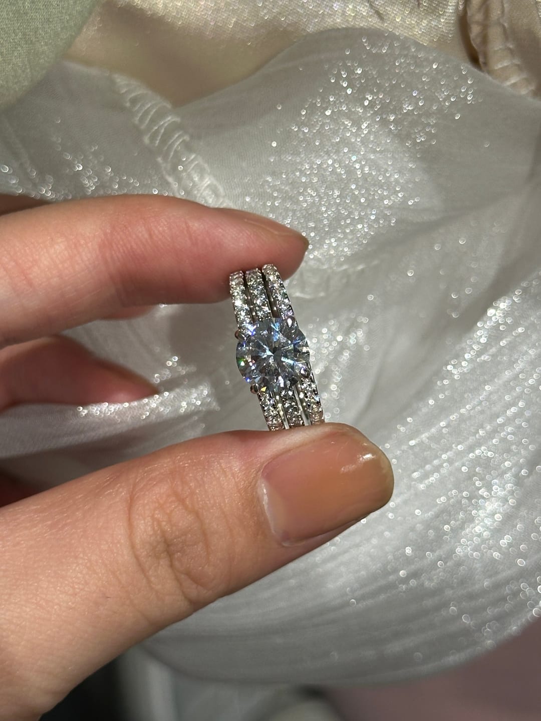 Customer photo review of S925 3PC Wedding Ring Set 2.0 Ct Round Cut With 2PC Half Eternity Wedding Band Stackable Wedding Rings