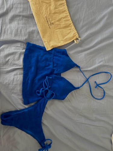 Customer photo review of Seamolly Terry Cloth Jacquard Floral Halter Tie Side Tankini Set