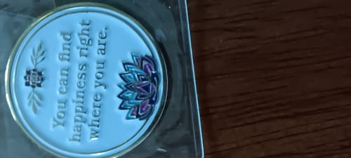 Customer photo review of 20 Year Sobriety Mint 'In Bloom' Lotus Flower Gold Plated AA Recovery Medallion - Twenty Year Chip/Coin - White