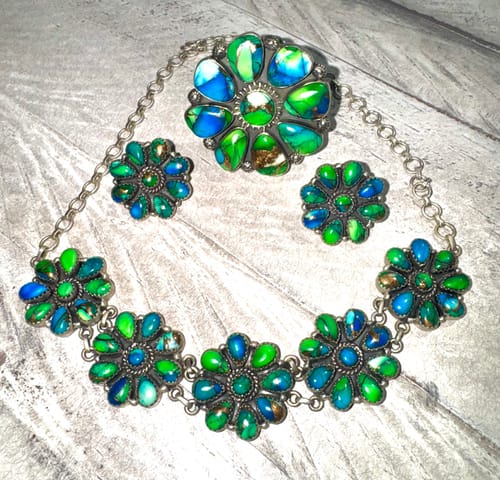 Customer photo review of Handmade Sterling Silver White Buffalo, Peacock Dahlia Necklace Earrings Set with Signed Nizhoni