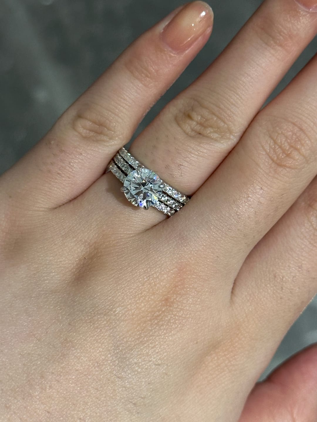 Customer photo review of S925 3PC Wedding Ring Set 2.0 Ct Round Cut With 2PC Half Eternity Wedding Band Stackable Wedding Rings