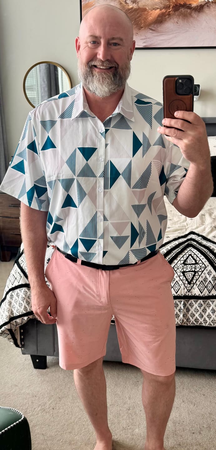 Customer photo review of Men's Casual Art Blue and White Triangle Geometric Print Short Sleeve Summer Beach Button Up Shirt