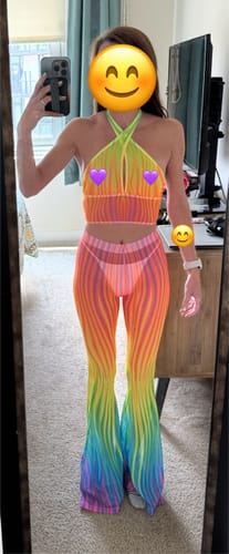 Customer photo review of Neon Rainbow Flame Bell Bottom Mesh Pants