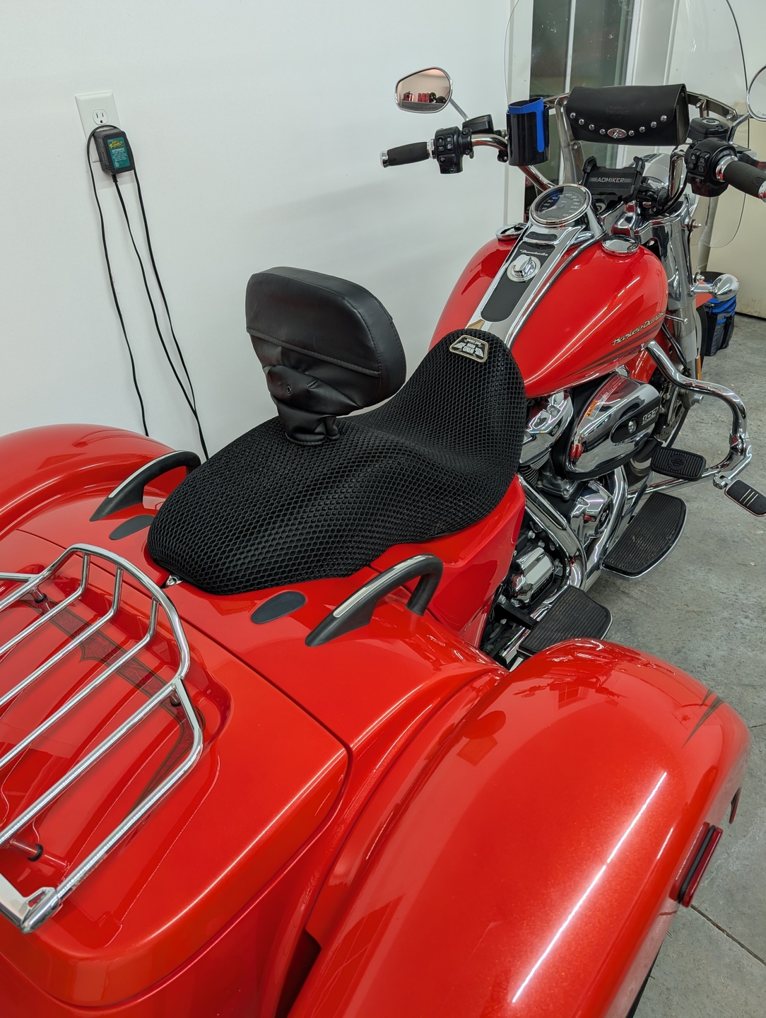 Wind Rider mesh seat cover installed on a Harley Davidson Freewheeler