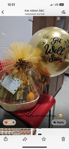 Customer photo review of Get Well Soon Set (Genting's Garden Fruit Basket  &  Chrome Deluxe Balloon)