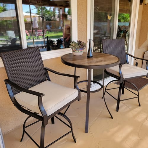 Customer photo review of HOMREST 3 Piece Outdoor Patio Set, High Top Patio Bar Set with Round Table and 2 Swivel Dining Chairs with Lumbar Pillow, Beige