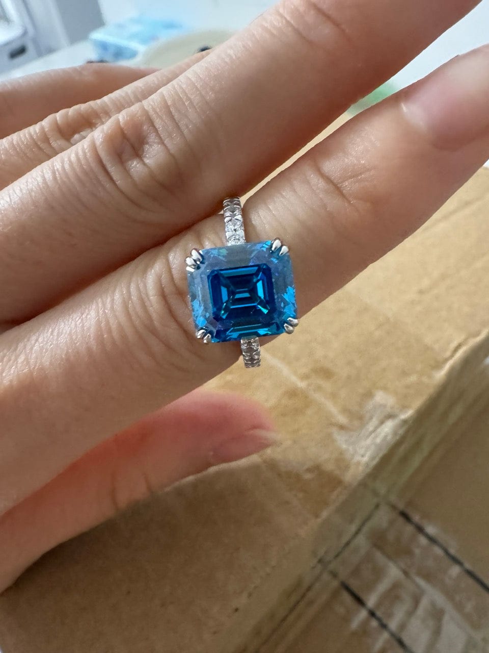 Customer photo review of S925 Honorable 4.5Ct Asscher Cut Engagement Ring Stackable Travel Ring For Women