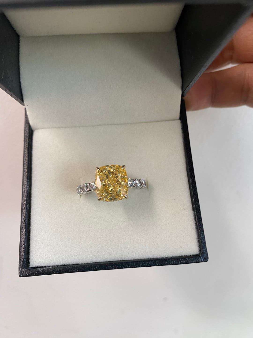 Customer photo review of Louily Stunning Two-tone Cushion Cut Yellow Sapphire Engagement Ring