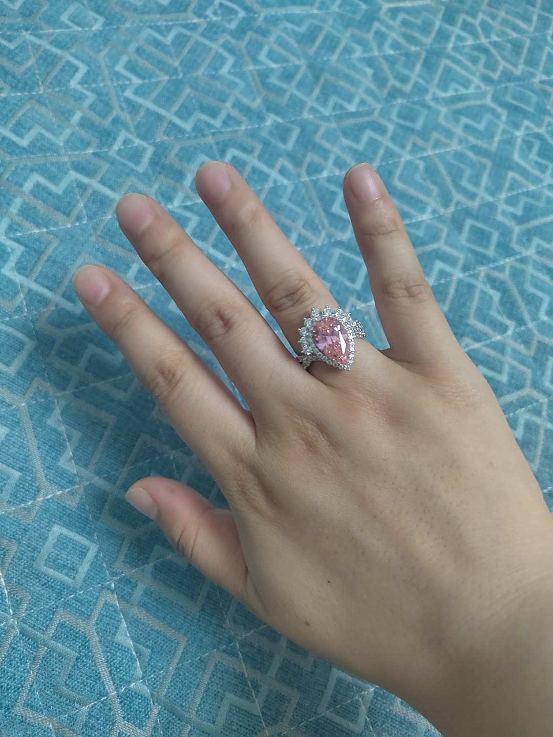 Customer photo review of Vintage 4.0Ct Pink Stone Halo Pear Cut Twist Engagement Ring In Sterling Silver