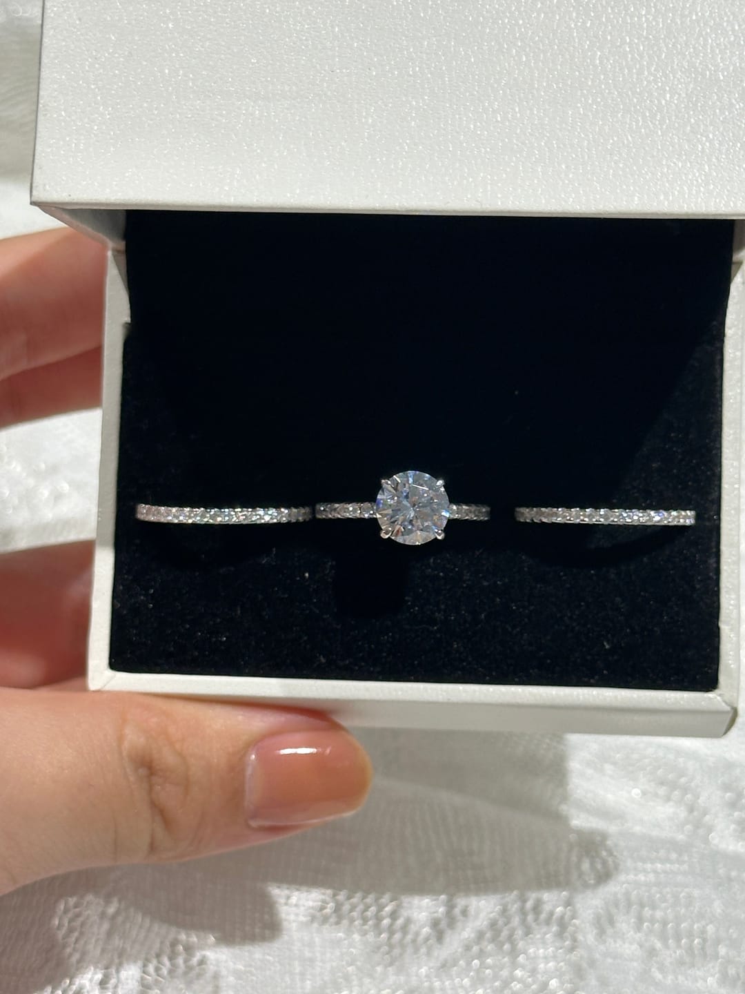 Customer photo review of S925 3PC Wedding Ring Set 2.0 Ct Round Cut With 2PC Half Eternity Wedding Band Stackable Wedding Rings